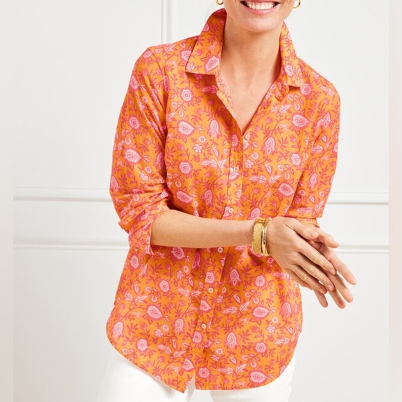 Talbots Tops - Talbots 100% Cotton Orange Pink Floral Button Down Shirt M Climbing Jacobean